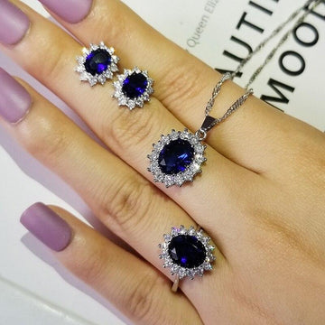 New Arrival - Luxury 3 Piece Blue Color Sunflower Silver Colour Quality Jewelry - The Jewellery Supermarket